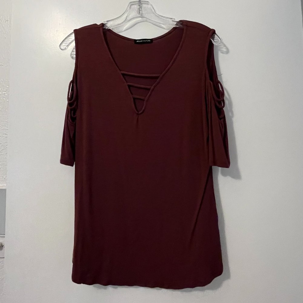 Maroon burgundy cold shoulder blouse shirt top